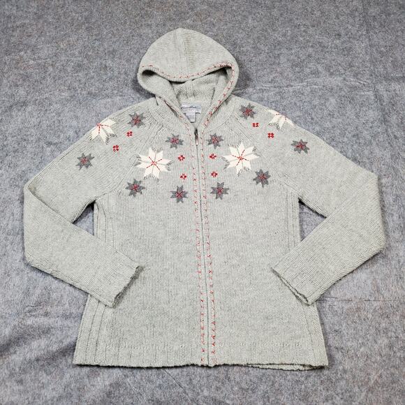 Eddie Bauer Sweater Womens Large Full Zip Nordic Fair Isle Hooded Knit Lambswool - Picture 1 of 9